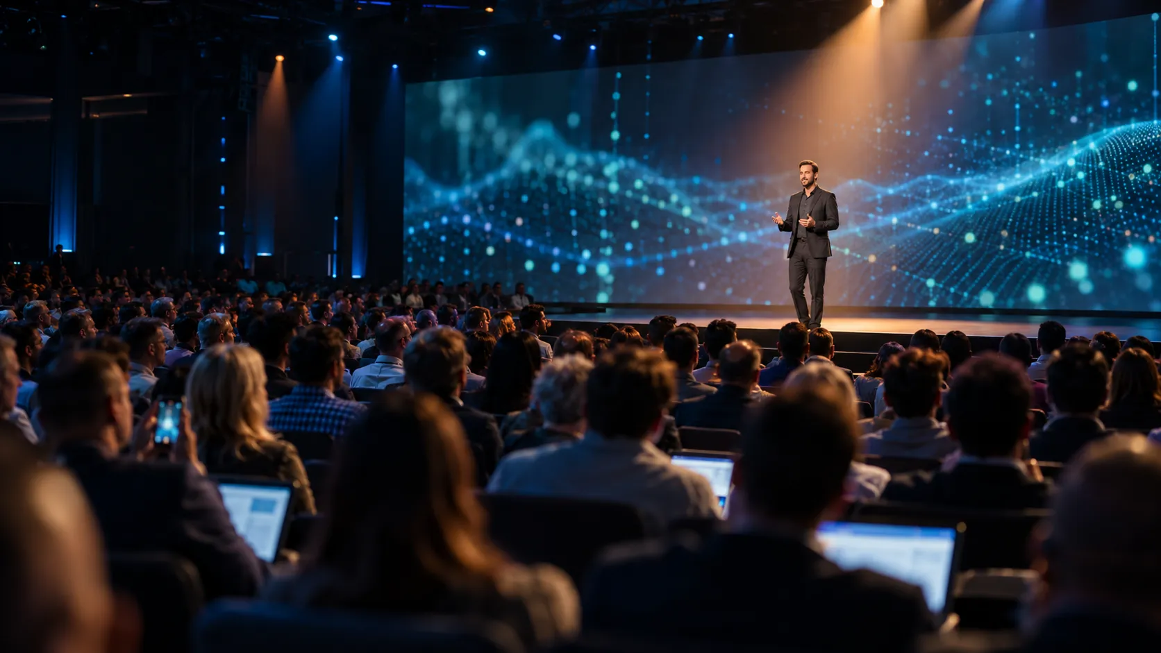 A keynote speaker stands before a blue data-wave LED wall as a sales kickoff audience with laptops watches from a dark auditorium.
